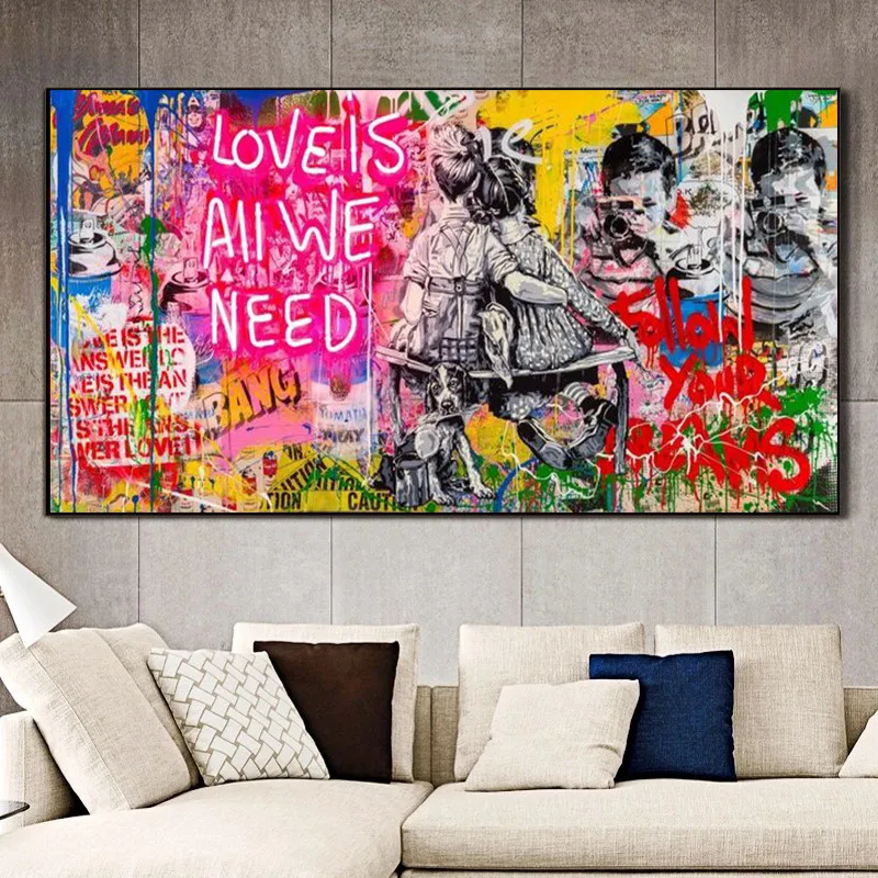 

Street Banksy Graffiti Art Wall Paintings Love Is All We Need Canvas Posters Boy and Girl Posters Pictures for Home Decoration