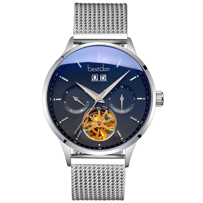 Silver-black-Mesh be Bestdon швейцарские автоматические часы мужские механические водонепроницаемые часы с скелетом модные полностью стальные светящиеся наручные часы с датой пилота - Цвет: Silver-black-Mesh be