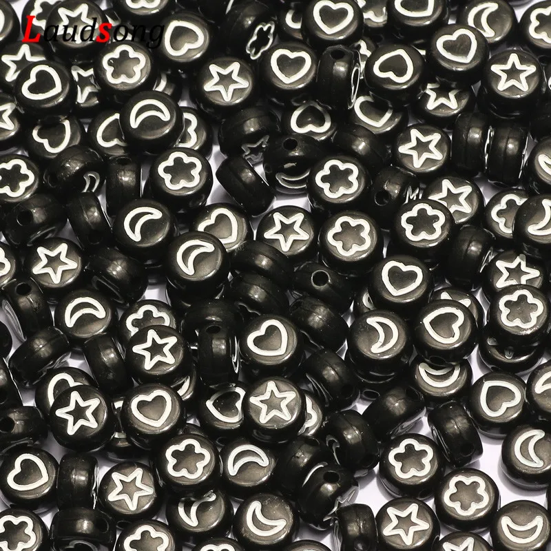 

100-500pcs Black Mixed Flower Star Moon Heart Acrylic Beads 4*7mm Round Flat Spacer Letter Beads For Jewelry Making Diy Bracelet