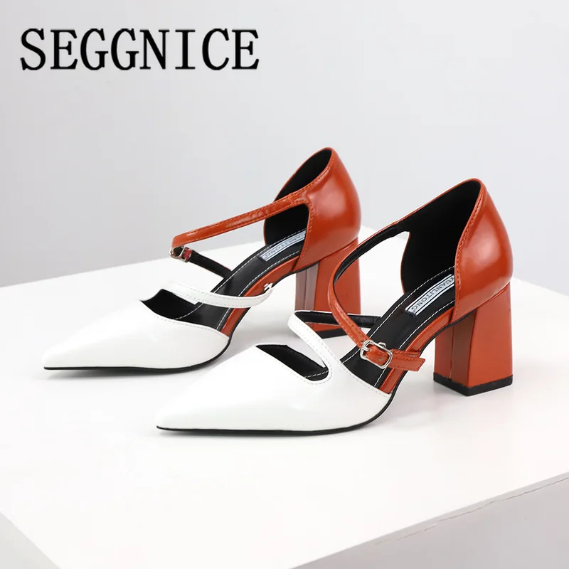 

2020 Brand Luxury High Heel Pumps Spring Women Shoes Pointed Toe Fashion Black White Shoes Square Heels Leather Pumps Sandals