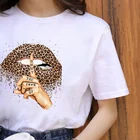 Летняя модная футболка HZVZ, футболка с принтом губ и леопарда, женские топы, базовые черные футболки с круглым вырезом, смешная женская футболка с поцелующимися леопардовыми губами