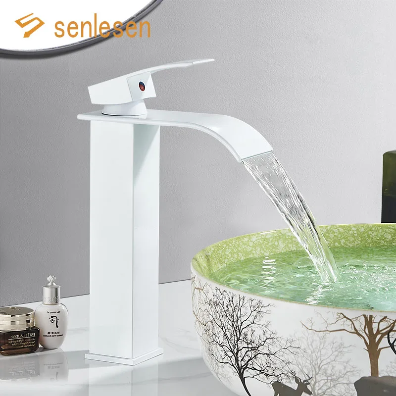 

Senlesen White Tall Style Bathroom Basin Faucet Waterfall Spout Deck Mount Hot and Cold Water Vanity Vessel Sink Mixer Tap Crane