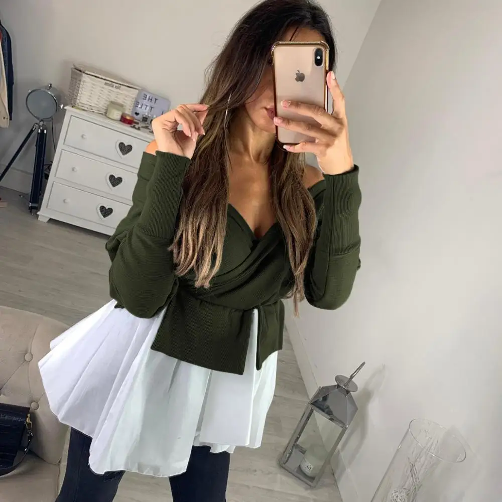 

BKLD Fashion Sexy V-neck cross strapless Shoulder tops Thread Long Sleeve Irregular Stitching Pullover T-shirt Ladies Casual Top