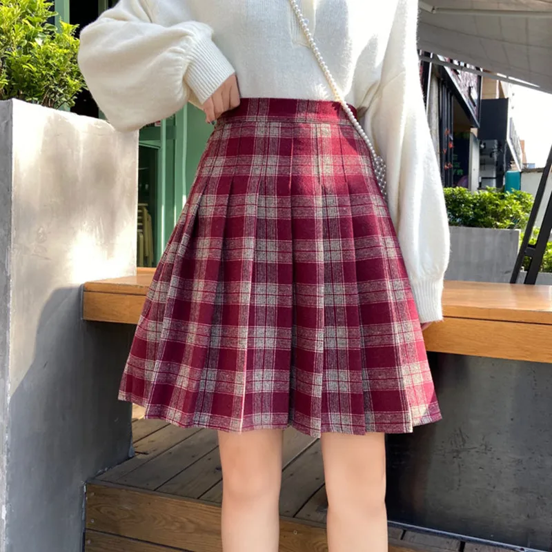 

women burgundy gothic pleated plaid skirt autumn high waist korea harajuku japanese cute sexy mini skirts cosplay preppy style