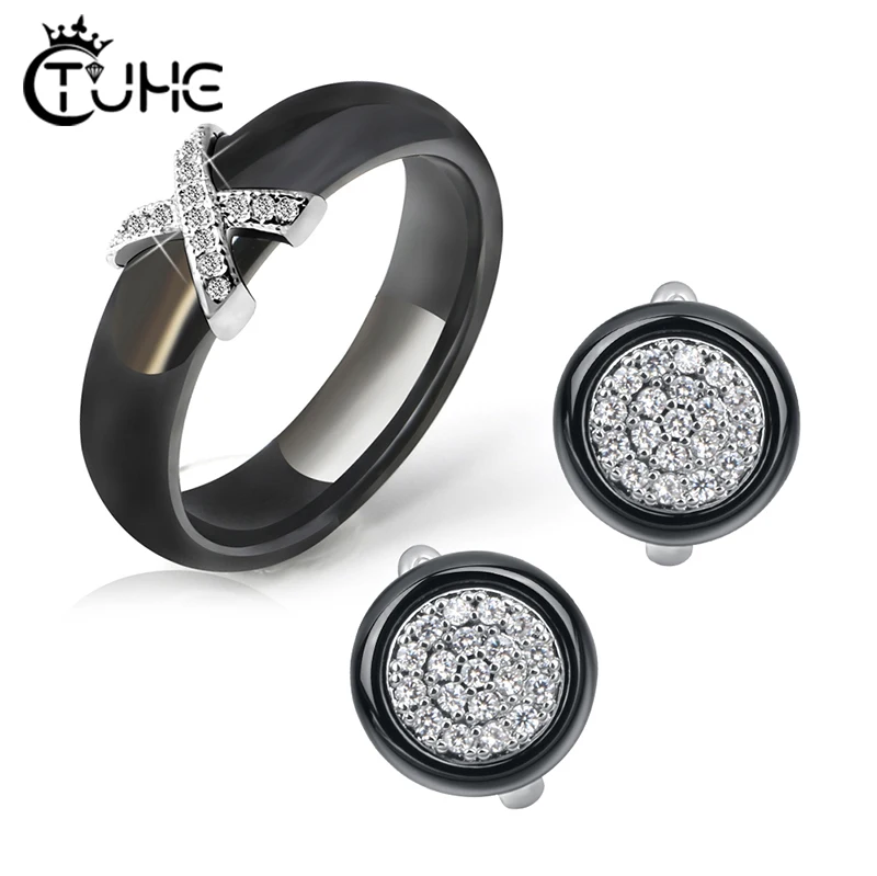 Модные Ювелирные наборы для женщин X Крест керамические кольца и Круг CZ кристалл