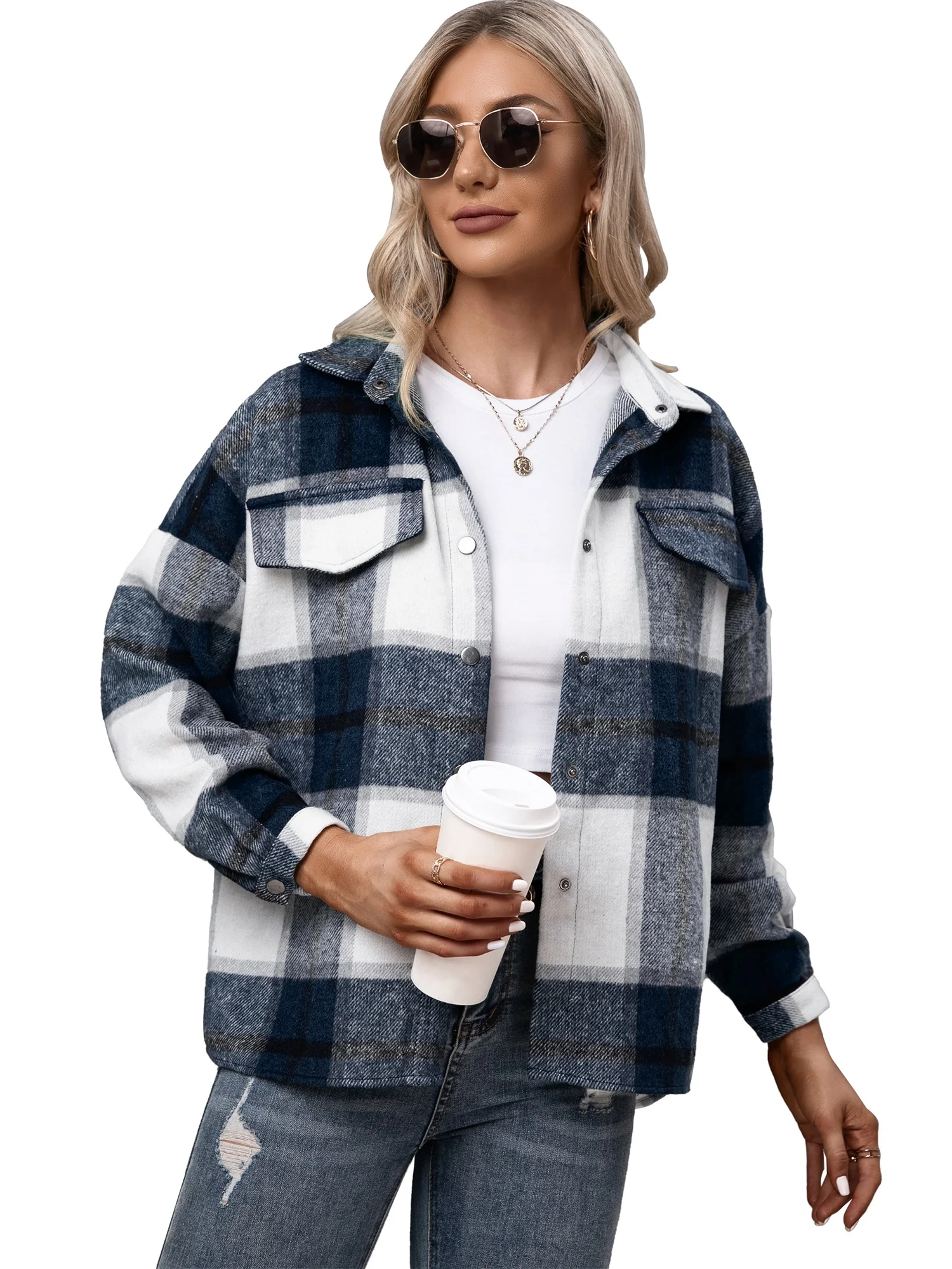 

Женская плюшевая куртка в клетку, свободная рубашка, пальто, толстая кашемировая клетчатая фланелевая рубашка с отложным воротником, Повсе...