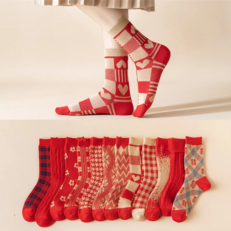 Celebrates The New Year Lucky Socks Red Socks 11 PAIRS Women's Stockings Winter Middle Tube Socks Wedding Gifts Cotton Sock