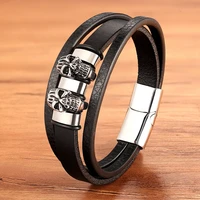 xqni special accessories skull combination stainless steel leather mens bracelet hand woven magnet clasp steel color gift