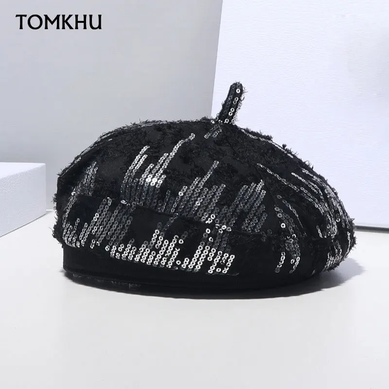 

NEW Female Bonnet Caps Fashion Women Sequins Beret Sequins Diamond Decoration All Matched Dance Party Walking Hat Shining Cap