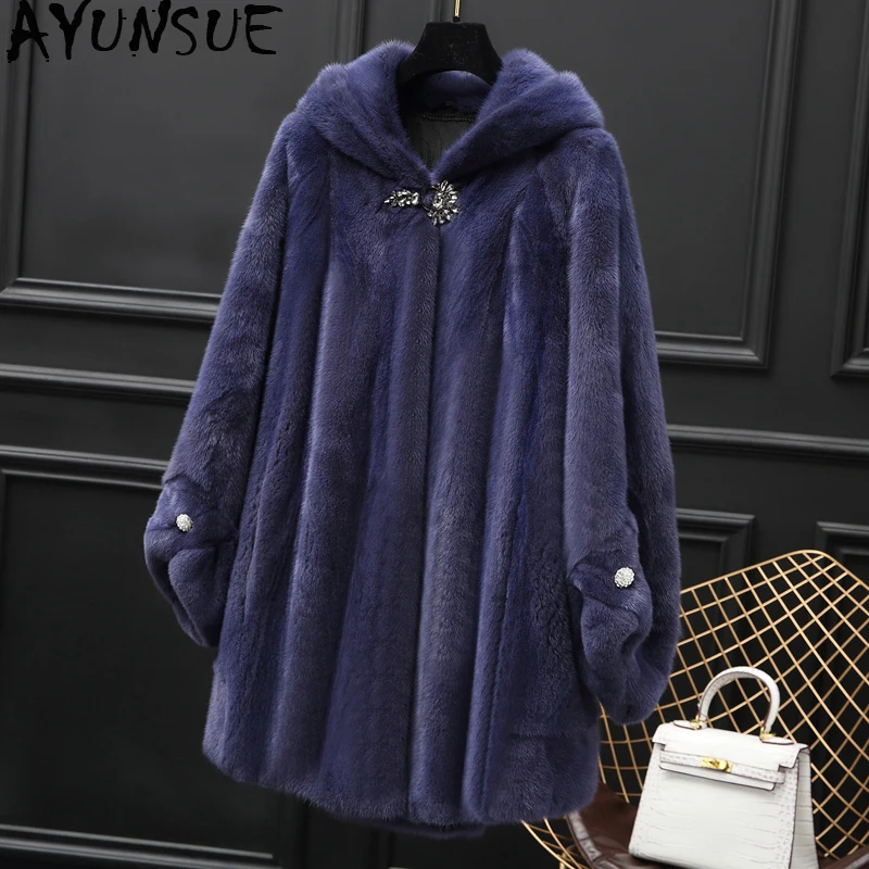 AYUNSUE настоящая норковая Женская Шуба роскошные натуральные меховые пальто