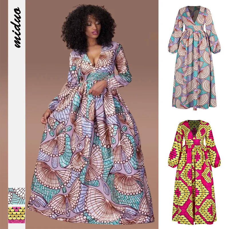 

2021 Latest Robe Wax African Clothes For Women Large Swing Skirt Long Sleeve High Waist V-Neck Ethnic Maxi Dress