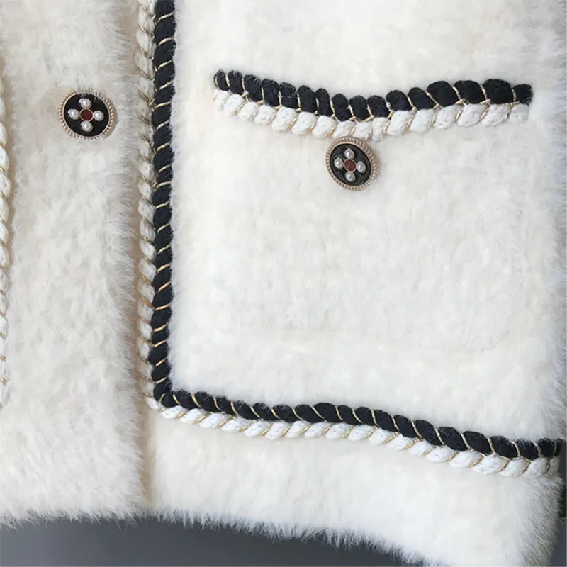 

Faux Mink Cashmere Short Cardigan Women Knitted Sweater Jacket Women Single Breasted Pocket Fashion Winter Warm Cardigans Coat