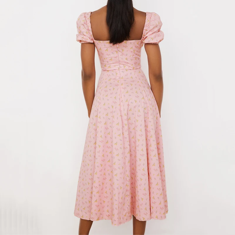 

Women Summer New Short Sleeve Print Dress Fashion Split Hem Slim Dress Ladies Square Collar Puff Sleeve Long Dress Casual Dress