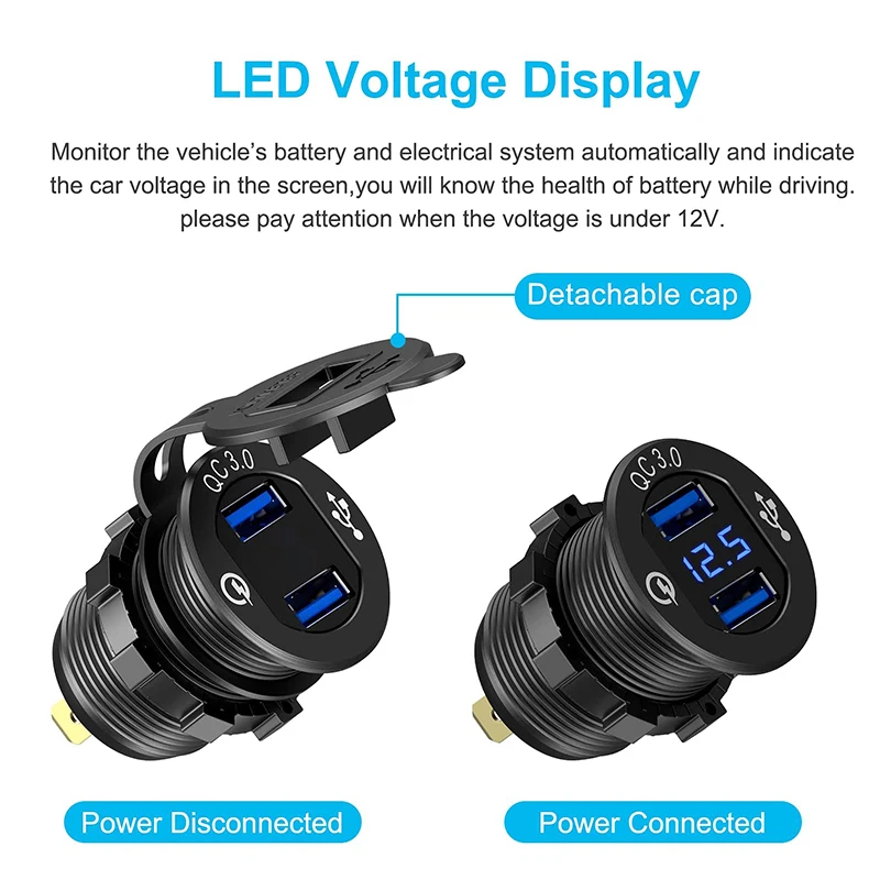 QC3.0 Dual USB Зарядное устройство розетка 12V/24V Водонепроницаемый с светодиодный