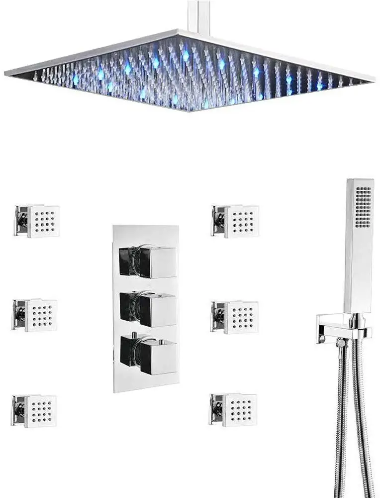 Душевая система с струями тела 16-дюймовый квадратный светодиодный смеситель для