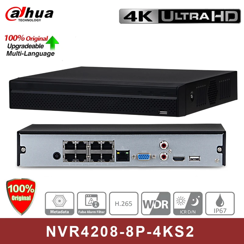 Оригинальный Сетевой видеорегистратор Dahua NVR4208 8P 4KS2 8 каналов 8PoE 4K и H.265 разрешение