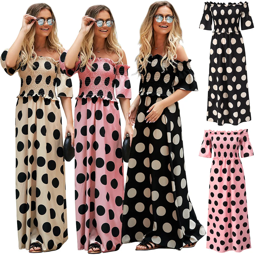 

Women's Clothing 2021 Summer New Dot Print Shoulder Slash Neck Open Back Long Dress Fashion Ladies Ruffle Evening Tube Top Dress