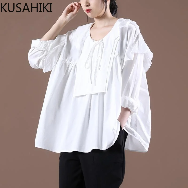 Женская рубашка с длинным рукавом круглым вырезом и оборками|Блузки| |