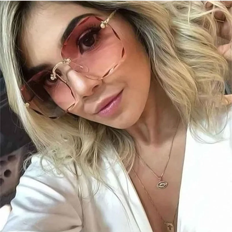 

2021 Women Fashion Photography Large Square Frame Glasses Lady Oversized Rimless HD Summber Shield Plastic Lens Sunglasses UV400