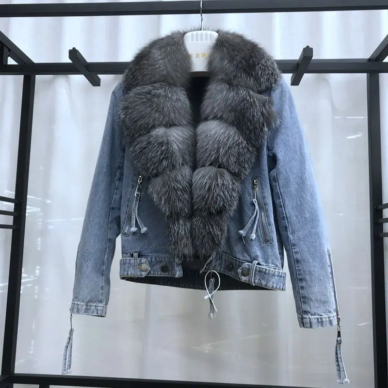

Женская одежда с воротником из лисьего меха 2021, джинсовая куртка в мотоциклетном стиле, хлопковая подкладка