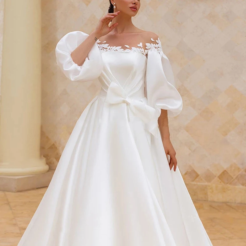 

Puff Sleeves Wedding Dresses 2021 Appliqued Chic Satin A-Line Sheer Neck Bridal Gown Plus Size Beach Princess Vestido de Noiva