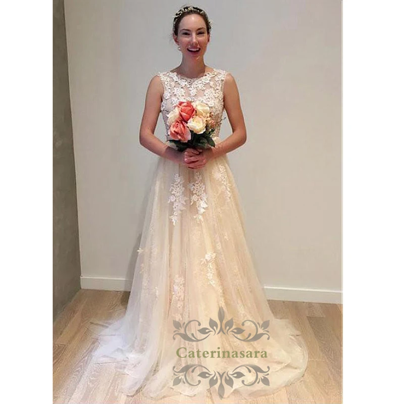 Свадебные платья цвета шампанского из тюля трапециевидные кружевные невесты с