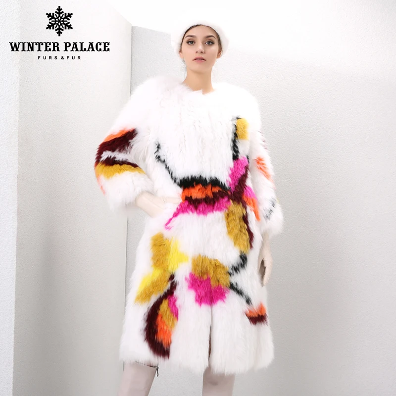Женское меховое пальто с декоративным рисунком модное стильное из лисьего меха