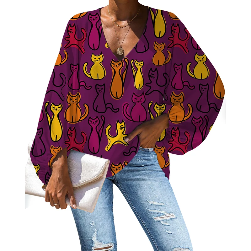 NOISYDESIGNS Women 2020 Summer Blouses Sexy Loose Cats Printing Ladies Tops V-neck Female Shirts Puff Sleeve Blusas Mujer | Женская