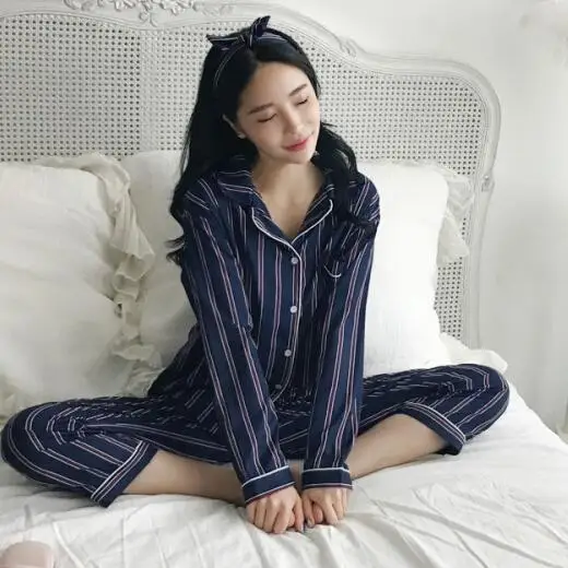 Spring 2020 New Women Pajamas Turn-down Collar Sleepwear 2 Two Piece Sets Shirt+Long Striped Pajama Set DC813 | Женская одежда