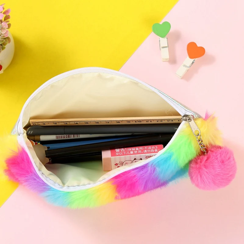 

Korean Kawaii Cute Plush School Pencil Case Rainbow Color Pen Case For Girls Large Capacity Pen Bag Stationery Pouch Box