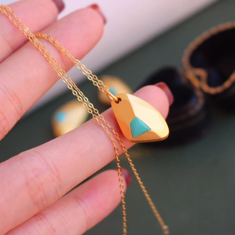 

202011 Harry Style Inlaid Amber Shovel Pendant Necklace Geometric Turquoise 925 Silver Gold Inlaid Fashion Simple joyeria fina