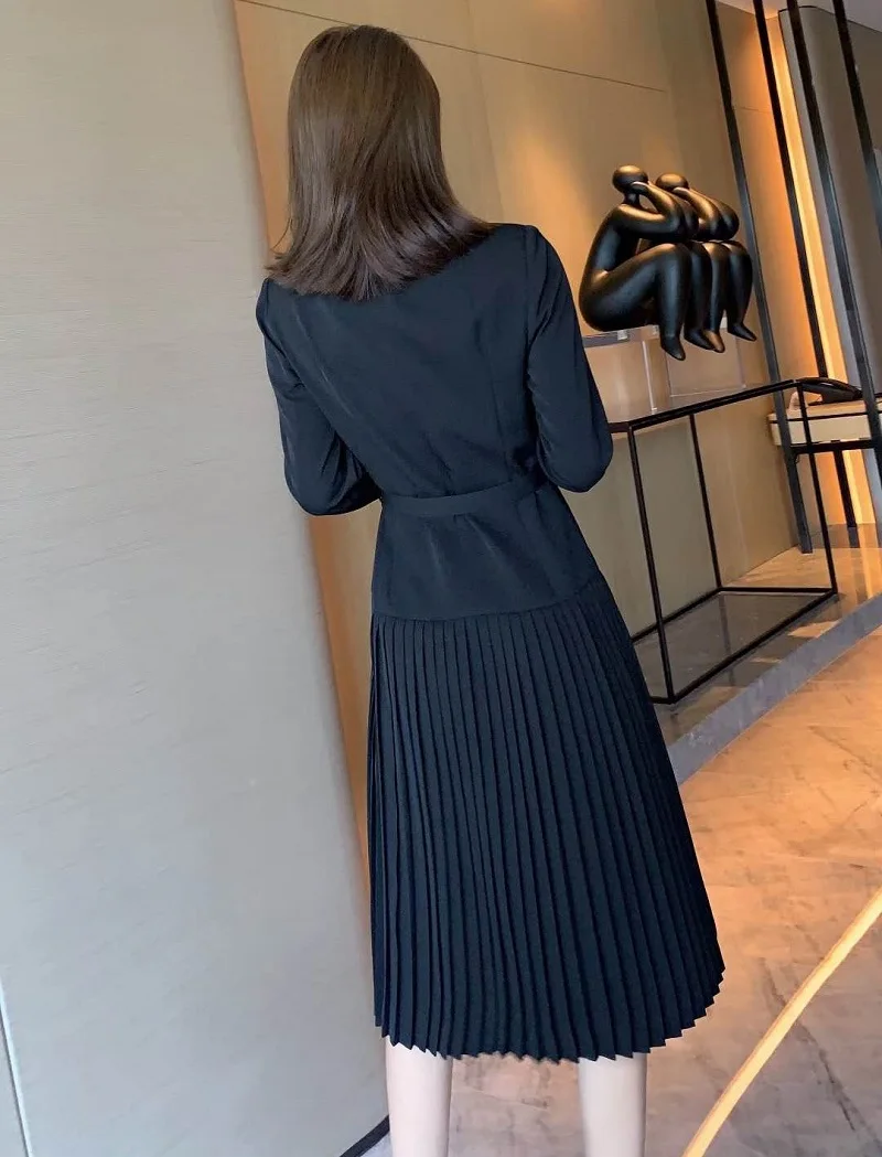 

New High Quality 2021 Autumn Winter Style Dress Women Notched Collar Double Breasted Long Sleeve Apricot Black Pleated Dress OL
