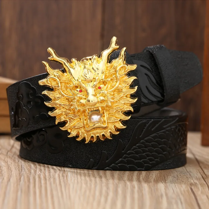 

Western Cowboy Domineering Men's Dragon Grain Real Cowhide Belt Leisure Zinc Alloy Faucet Cowhide Buckle