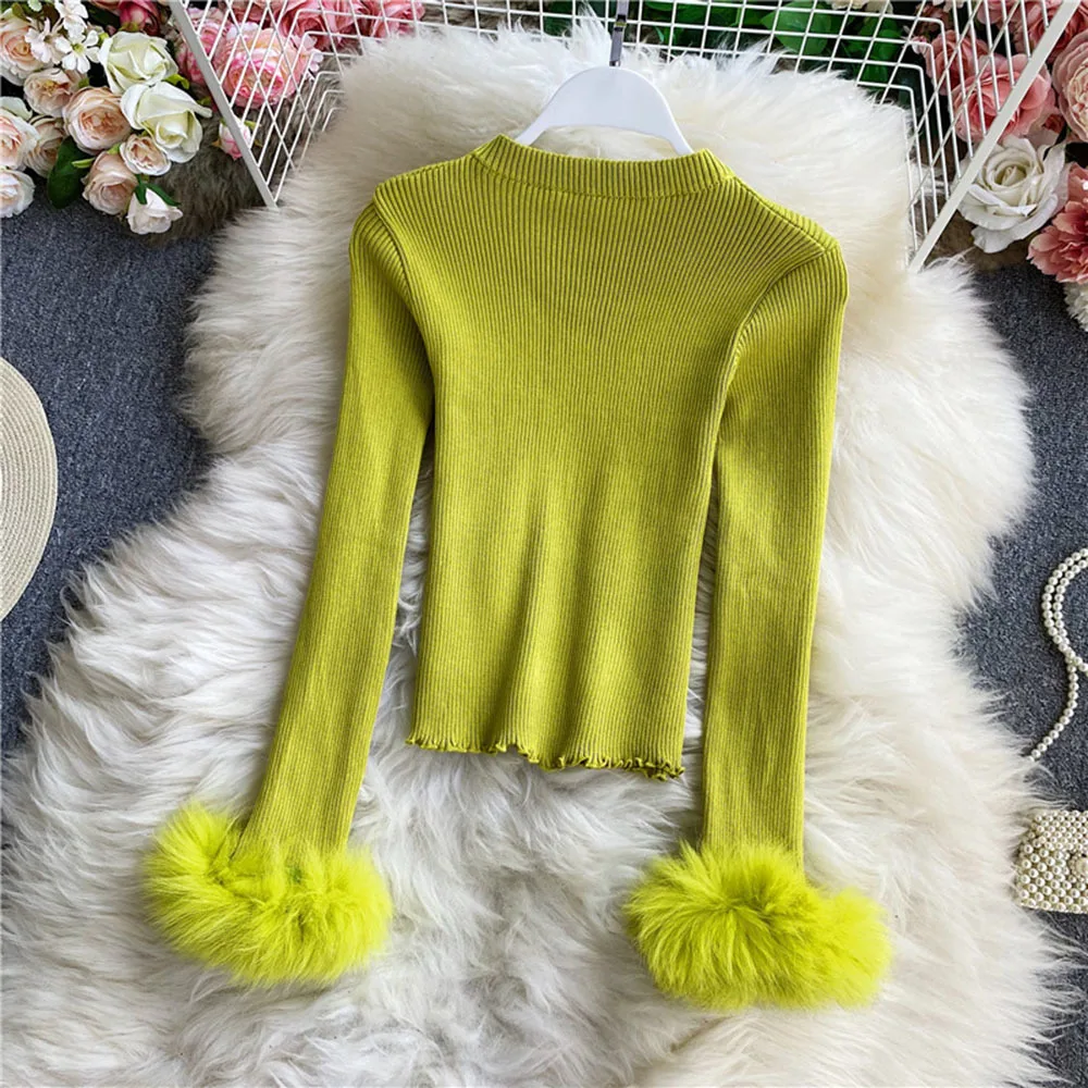 

Casual Winter Autumn New Furry Long-sleeved Slim Fit All-match Solid Color Basic Knitted Tops Women Sweaters Fashion 2021