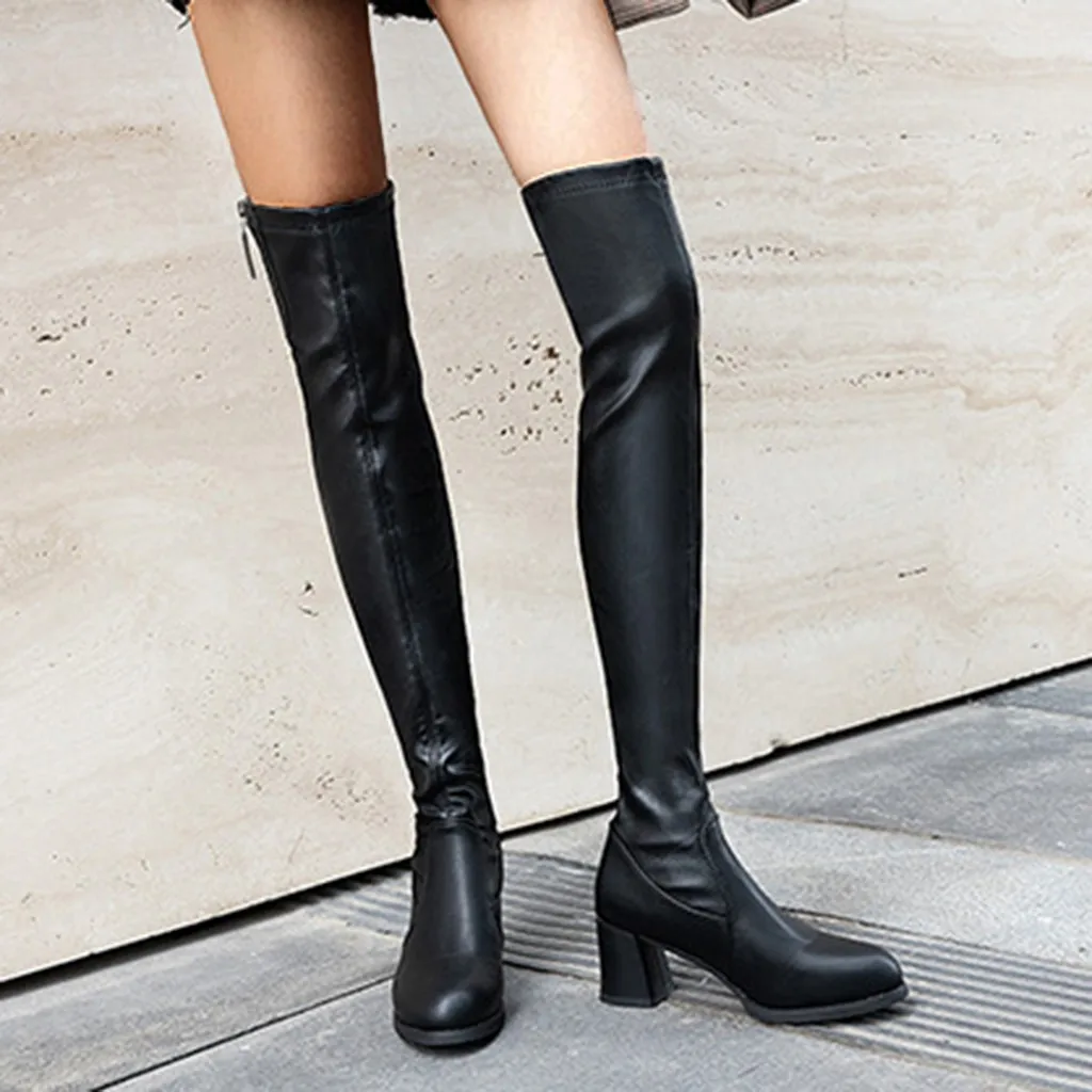 Черные кожаные длинные сапоги женские зимние теплые на молнии с круглым носком