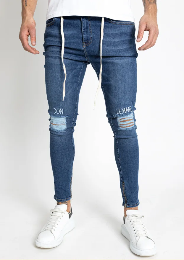 

2020 embroidery men's perforated stretch jeans high quality ankle zipper jeans men's new
