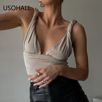usohall summer sexy crop tops women backless v neck solid slim camisole tank top