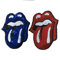new red blue purple black silver gold rolling tongue sequins patches for kids clothes jacket big mouse sewing badge iron on