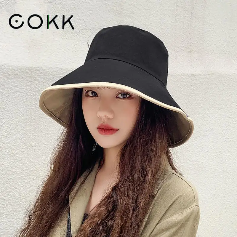 

COKK Bucket Hat Women Fashion Double Sided Fisherman Hat Solid Color Big Wide Brim Summer Sun Hat Outdoor Casual Sunshade Cap