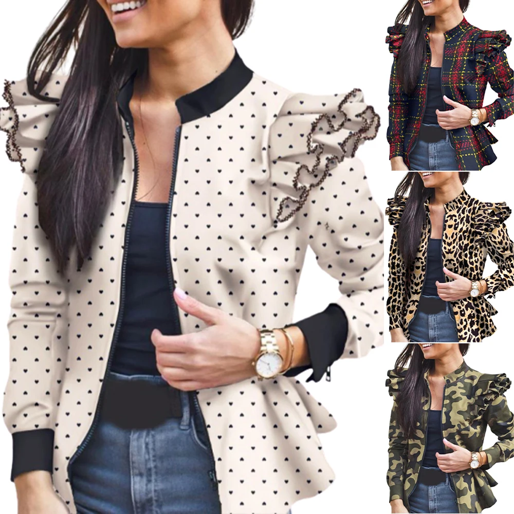 

Autumn Camouflage Jacket Women Coat Leopard Printed Ruffle Long Sleeve Top Zipper Women Clothing Slim Jacket Coat Female