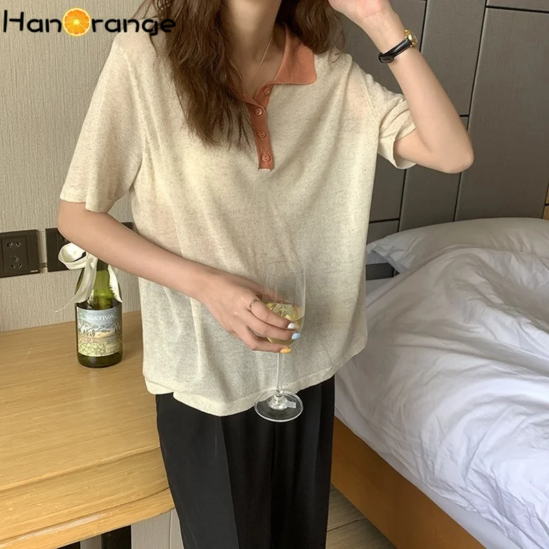 

Contrasting Color Short-sleeved Sweater Women Pullover 2021 Summer Loose Thin Simple Temperament Top female