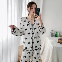 2021 womens spring and summer long sleeve suit ice silk pajamas sexy loose fashion satin pyjamas simple and casual sleepwear