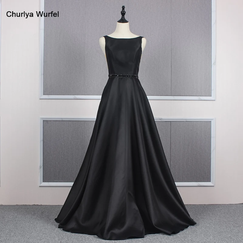 YY136 чёрное вечернее атласное платье с О образным вырезом без рукавов v образный