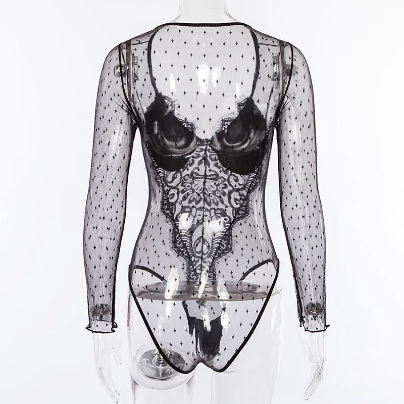 

Summer Black White Mesh Women Romper Sexy See Transparent Lace Jumpsuit Polka Dot Print Long Sleeve See Through Ladies Clothes