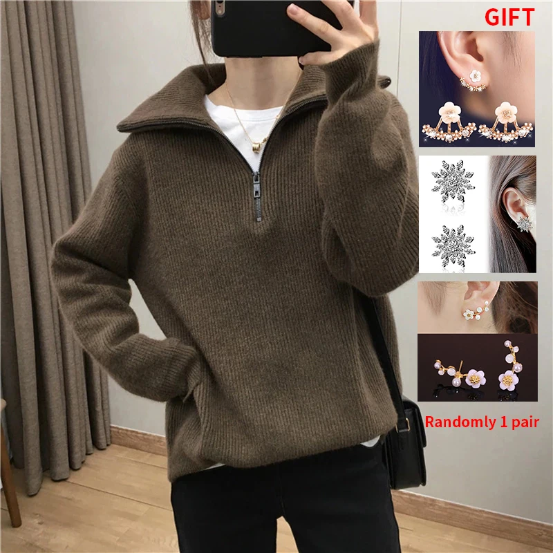 

Women Pullover Korean Styles Solid Knitted Sweater Zipper Turndown Collar Jumper Loose Female Long Sleeve Pullovers Top Winter