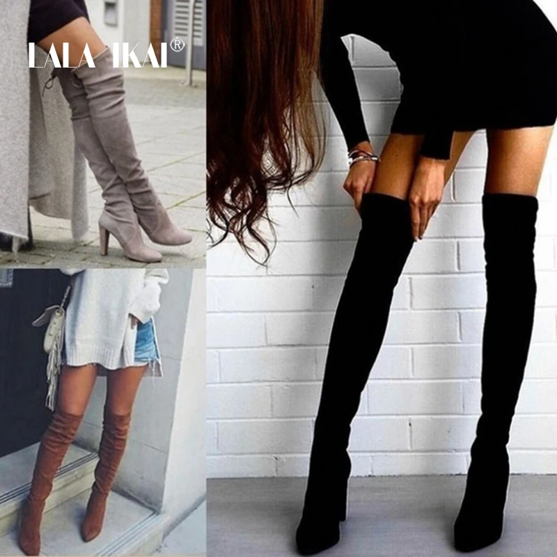 

LALA IKAI-женские сексуальные сапоги выше колена с круглым носком, матовые сапоги на высоком массивном каблуке, длинные сапоги, модные вечерние ...