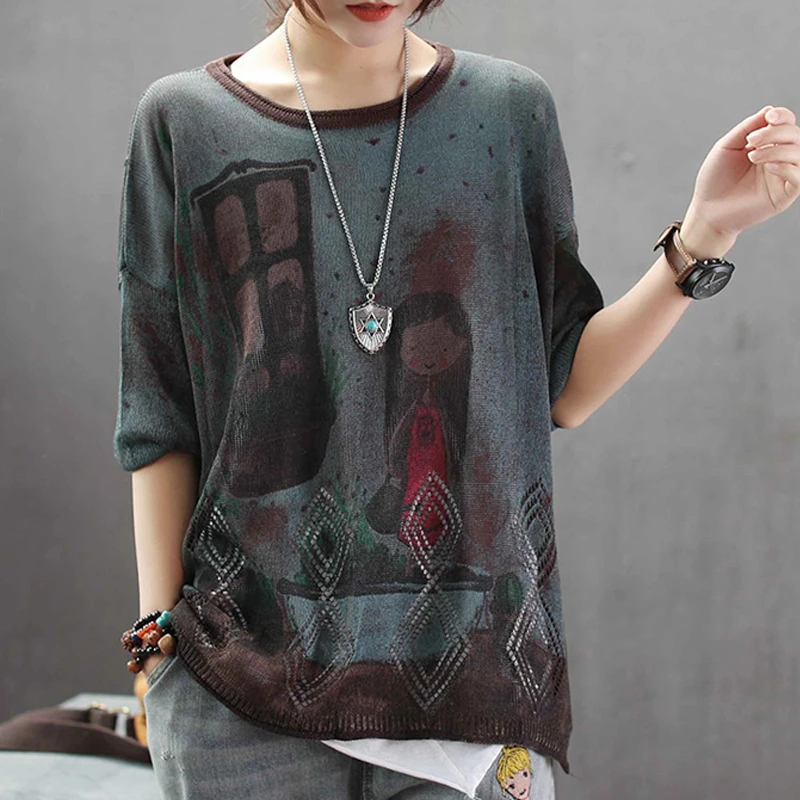 European Women Punk Knitwear Ladies Knitted Cotton Sweaters Autumn Pullovers Vintage Printed Jumper Fashion | Женская одежда