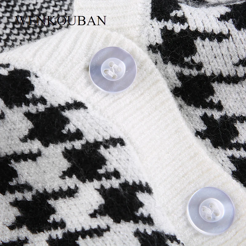 

Houndstooth Knit Cardigan Women Vintage Print Crop Top V Neck Elegant Chic Sweater Autumn Fashion Jumper Ladies Streetwear