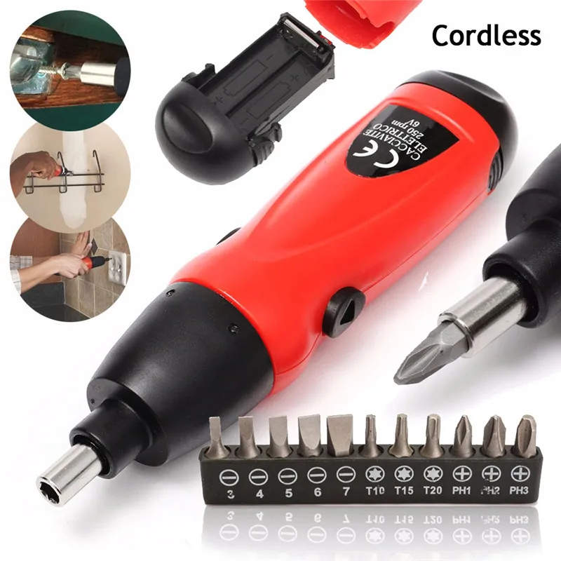 

Mini Screwdriver Electric 6V Battery Operated Cordless Portable Screwdriver Electric Screwdriver with Drill Bit Tool 11Pcs Bits