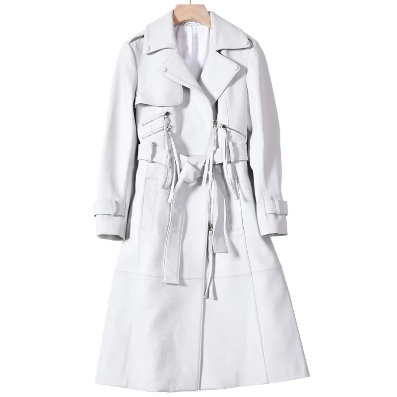 

MAOMAOFUR Women Real Leather Jacket Female Belt Clothes Vintage Long Trench Coat Ladies Streetwear Windbreaker Outerwear